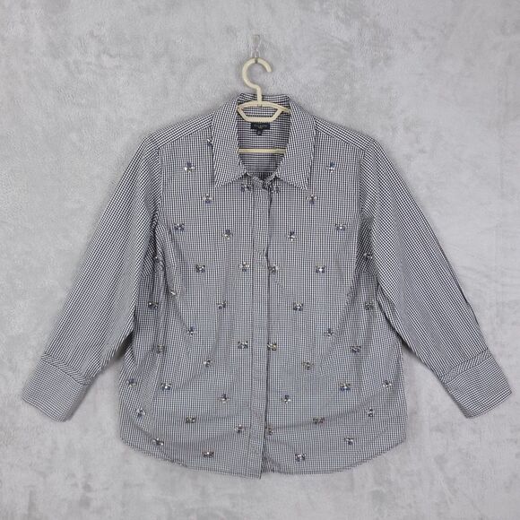 Talbots Top Shirt Womens Size Plus 2X Gingham Embellished Button Up Long Sleeve - Picture 1 of 13